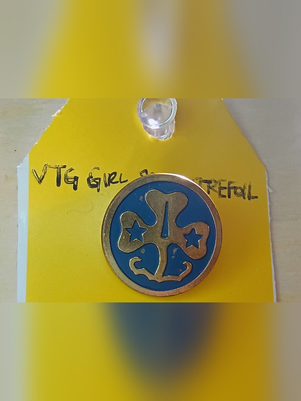 Round Blue with Gold Clover and Star Girl Scout Trefoil Pin Vintage